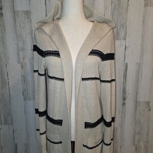 Lety & Me Hooded Cardigan Medium Beige Black Stripe Cozy Knit Cottagecore Pocket